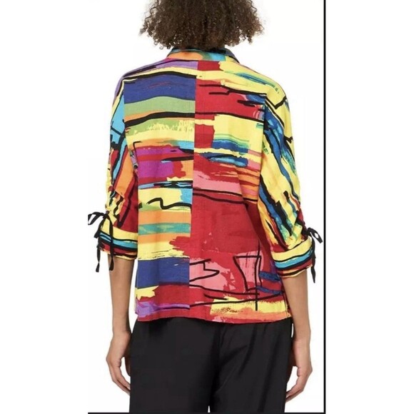 Ali Miles Size PL Multi Abstract Print Button Down Linen Blend Top Art To Wear - Picture 2 of 13